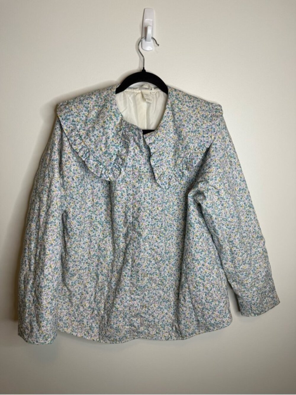 H&M Blue Multi Floral Quilted Pea Coat with Ruffle Collar medium